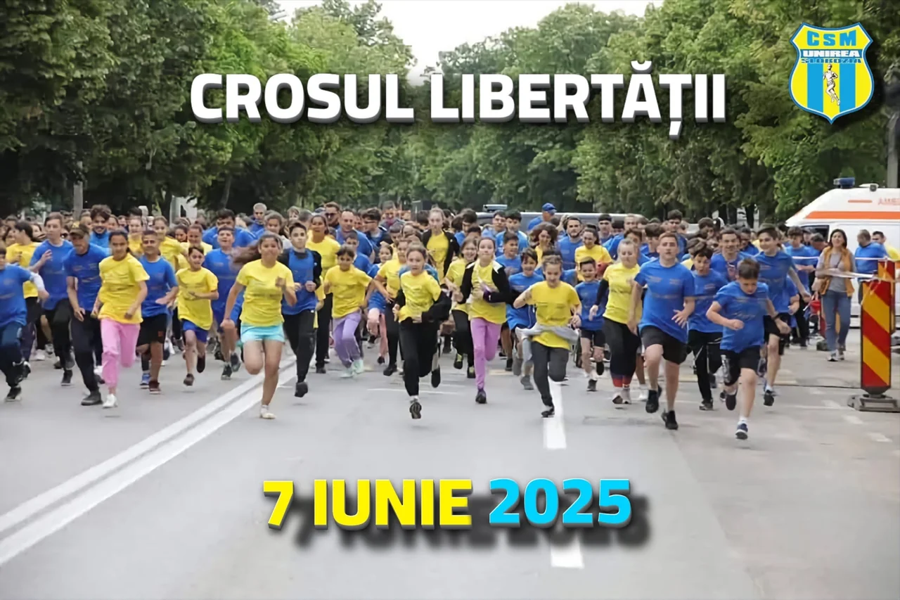 Afișul Crosului Libertății, 7 iunie 2025: mulțime de copii alergând pe stradă, cu sigla CSM Unirea Slobozia.