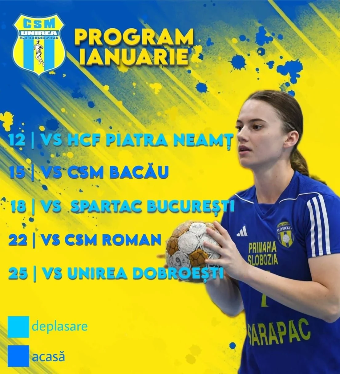Afișul „Program ianuarie”: meciuri pe 12, 15, 18, 22 și 25 cu HCF Piatra Neamț, CSM Bacău, Spartac București, CSM Roman și Unirea Dobroești.