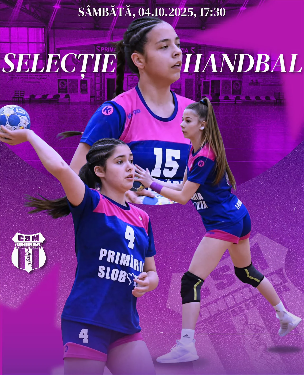 Afiș violet „Selecție handbal”, sâmbătă, 04.10.2025, ora 17:30, cu trei junioare ale clubului în echipament de joc.