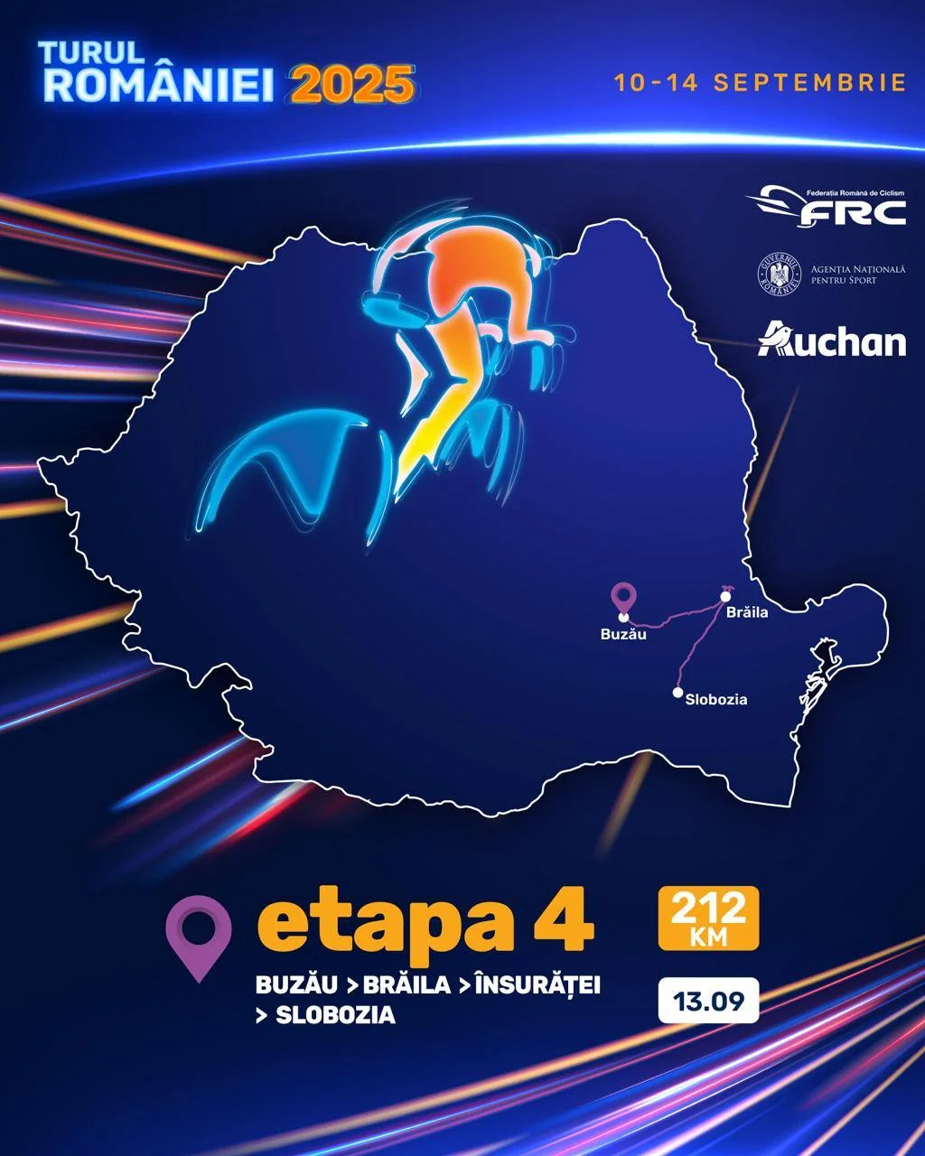Afișul Turului României 2025, 10-14 septembrie: harta etapei 4, Buzău, Brăila, Însurăței, Slobozia, 212 km, pe 13 septembrie.